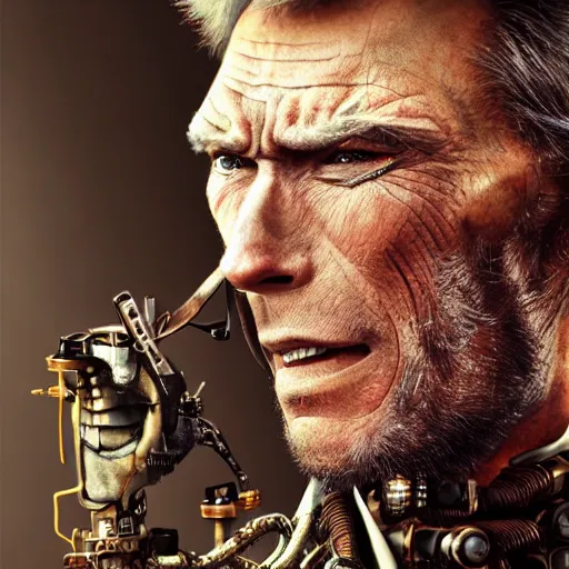 Image similar to clint eastwood steampunk cyborg, fantasy, sharp focus, contemporary fashion shoot, by edward robert hughes, annie leibovitz and steve mccurry, david lazar, jimmy nelsson, extremely detailed, hyperrealistic, perfect face, octane render