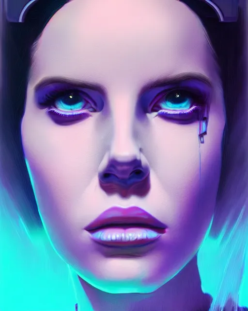 Image similar to portrait of lana del rey as a cyborg. realist abstract. key art. blue, pink, intricate artwork. by tooth wu, wlop, beeple, dan mumford. 8 k octane render, trending on artstation, greg rutkowski very coherent symmetrical artwork. cinematic, hyperrealism, very detailed, iridescent accents