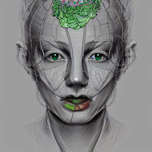 Image similar to the anatomy of a head of lettuce that looks like a pretty woman in her 2 0 s staring into the camera, an ultrafine detailed painting by james jean, intricate linework, bright colors, studio ghibli, behance contest winner, vanitas, angular, altermodern, unreal engine