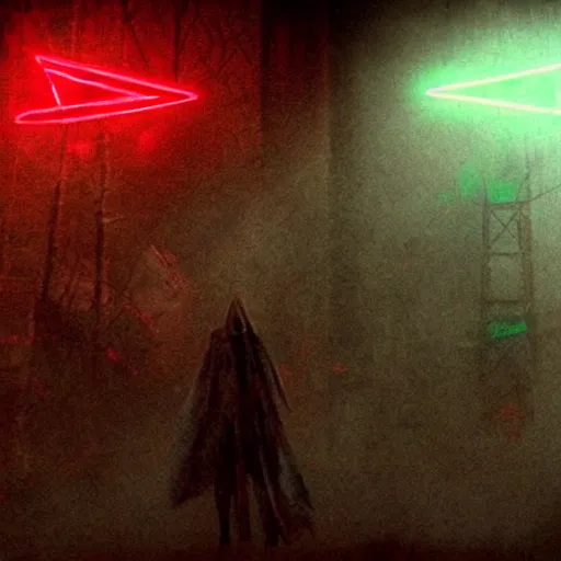 Image similar to silent hill foggy synthwave town ruins neon red and blue shadows dark scary giant evil scary red pyramid head covered in glowing runes lens flares shadow distortion cyberpunk splatterpunk 8 0 s nightmare