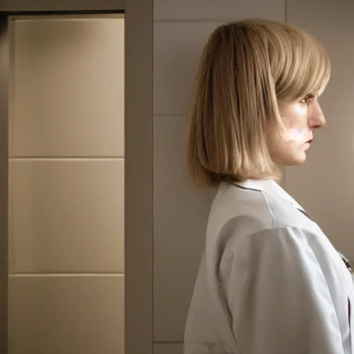 Image similar to profile of female nurse, blond hair. white coat, in an elevator, gregory crewdson