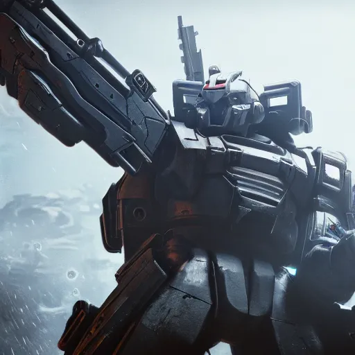 Image similar to gundam in gears of war battlefield 5, splash art, movie still, cinematic lighting, ray tracing, octane render, long lens, shallow depth of field, bokeh, anamorphic lens flare, 8 k, hyper detailed, 3 5 mm film grain