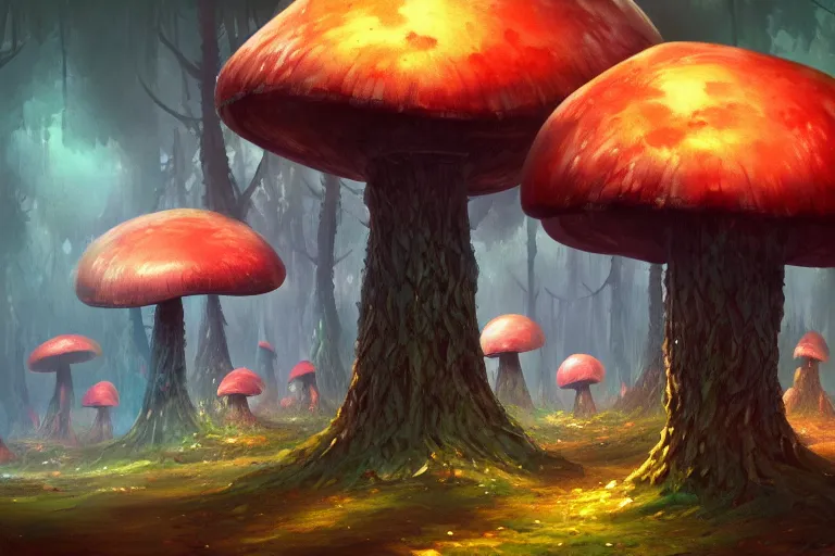 Prompt: a giant mushroom forest in the style of Anato Finnstark concept art, 4K, UHD, High quality, Trending on Artstation HQ