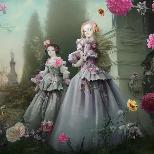 Image similar to 8k, octane render, realism, tonalism, renaissance, rococo, baroque, group of creepy young ladies wearing long harajuku manga dress with flowers and skulls, background chaotic flowers