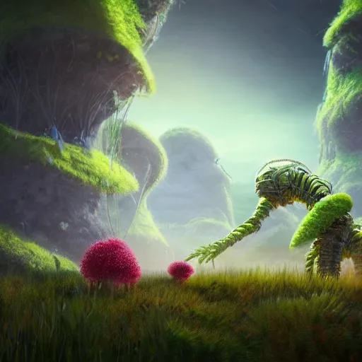 Image similar to a plant creature, plant filaments and flowers, walking on an alien planet with aliens plants, looking at an alien breathtaking landscape, cinematic lighting, concept art, artstation