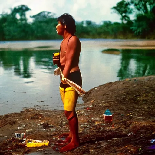 Image similar to Portrait of an Amazon indigenous tribe leader finding a plastic bottle at the shore of the Amazon River, 1980s photography