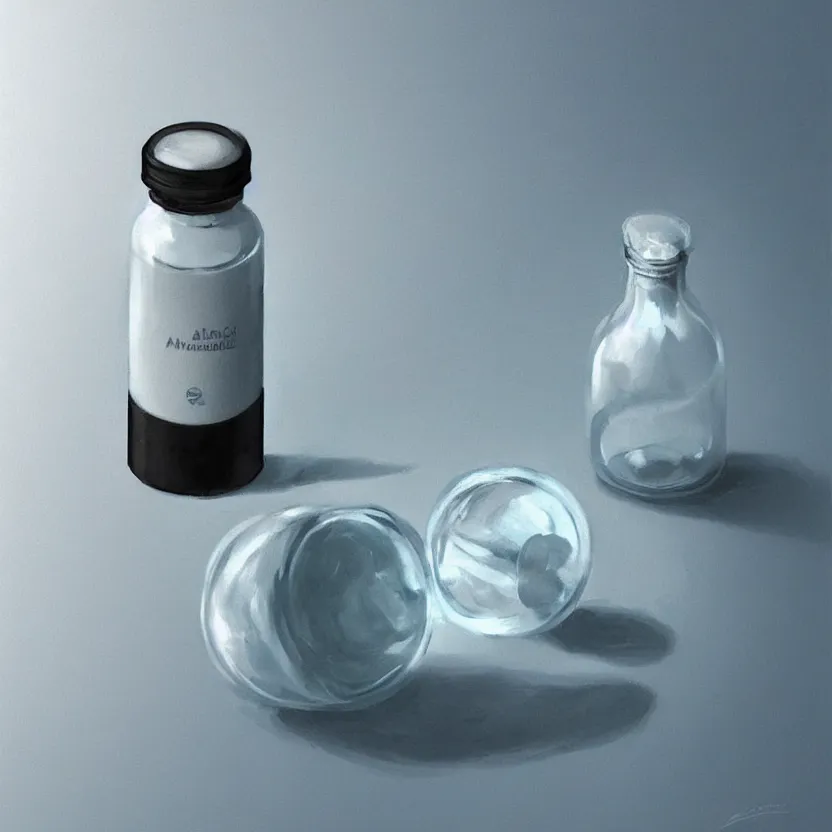 Prompt: concept art of a healthy and natural white liquid dietary supplement in a round transparent bottle with black sticker on it, by aenaluck, artgerm and roberto ferri and greg rutkowski, light blue and white tones, digital painting, artstation, concept art, smooth, sharp foccus ilustration hq