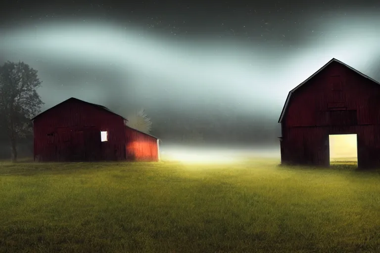 Image similar to a realistic photograph of a barn at night with ghosts, dark, moody, fog, volumetric lighting, cinematic