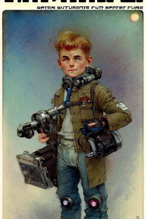 Image similar to ( ( ( ( ( 2 0 5 0 s retro future 1 0 year old boy super scientest in space pirate mechanics costume full portrait. muted colors. ) ) ) ) ) by jean baptiste monge, pulp cover!!!!!!!!!!!!!!!!!!!!!!!!!!!!!!