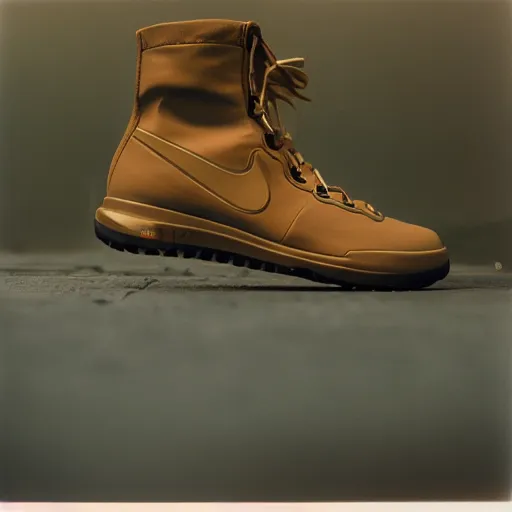 Image similar to a photoshoot of A Nike sneaker boot designed by Dieter Rams, minamalist, realistictic, color film photography by Tlyer Mitchell, 35 mm, graflex