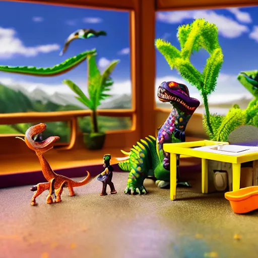 Prompt: dinosaur themed polly pocket playset, sat on a wooden study desk in front of a window, god rays, dust particles, photorealistic, aesthetic shot, worms eye view, macro camera lens, high definition, thematic, cinematic, lens flare