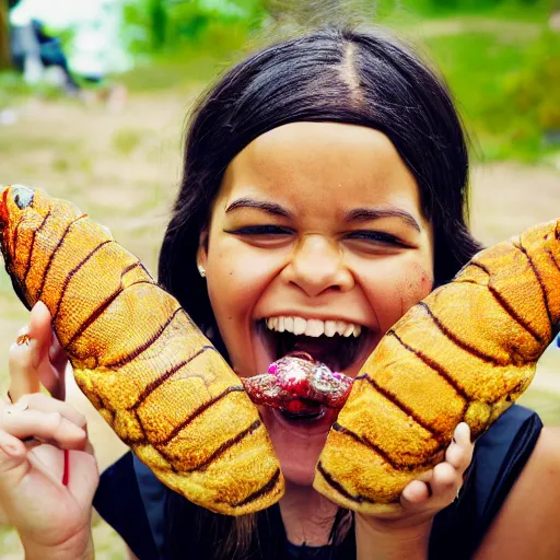 Prompt: portrait of very happy Rhianna eating gigantic bugs,