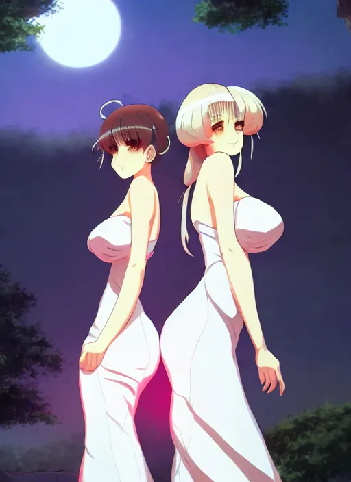 Image similar to two beautiful mothers outside in the evening, white dresses, gorgeous faces, thick lines, cinematic lighting, detailed anime art