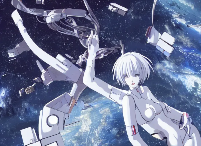 Image similar to This is a digital art piece by Yoshiyuki Sadamoto that is trending on artstation. It is a 8K UHD image of Rei Ayanami, a female anime character, inside a space station with technological rings. She is shot from the ground by Yoshiyuki Sadamoto. The environment is a concept design and the art is hyper realistic with intricate details.