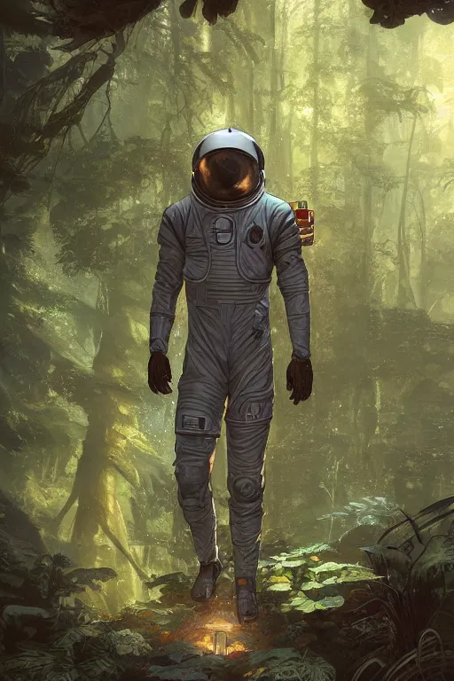 Image similar to a handsome male sci-fi astronaut exploring a magical rain forest, D&D, fantasy, intricate, cinematic lighting, highly detailed, digital painting, artstation, concept art, smooth, sharp focus, illustration, art by Terry Moore and Greg Rutkowski and Alphonse Mucha