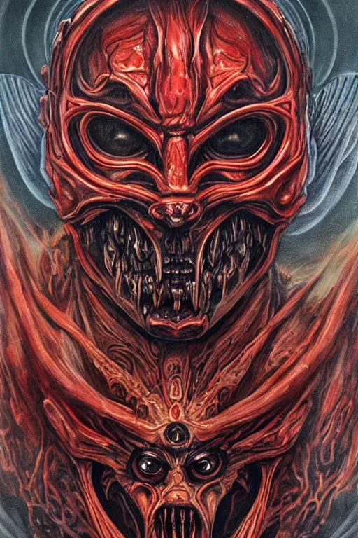 Prompt: Elden Ring and Star Wars themed painting of majestic crimson biomechanical satanic infernal demon human hybrid beautiful undead angel symmetrical angry mask closeup face angry mask closeup tattoo pattern golden ratio concept, Neo-Gothic concept, infinity glyph waves, intricate artwork masterpiece, very coherent artwork, cinematic, full frontal facial features by Artgerm, art by H.R. Giger, Takato Yamamoto, Zdizslaw Beksinski, Johnatan Wayshak, Moebius, Ayami Kojima, very anatomically coherent artwork, trending on cgsociety, ultra high quality model, production quality cinema model, high detail chromatic ink outline, octane render, unreal engine 8k, hyper realism, high detail, octane render, unreal engine, 8k, High contrast