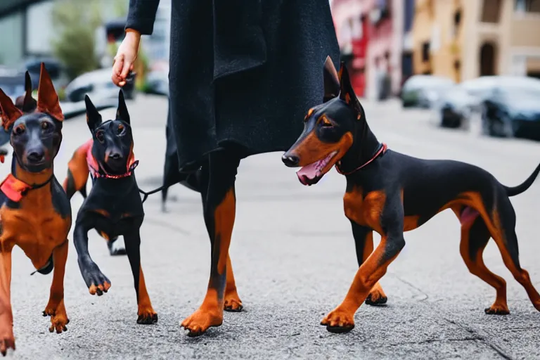 Image similar to toy doberman pinschers following a woman on a walk down the sidewalk