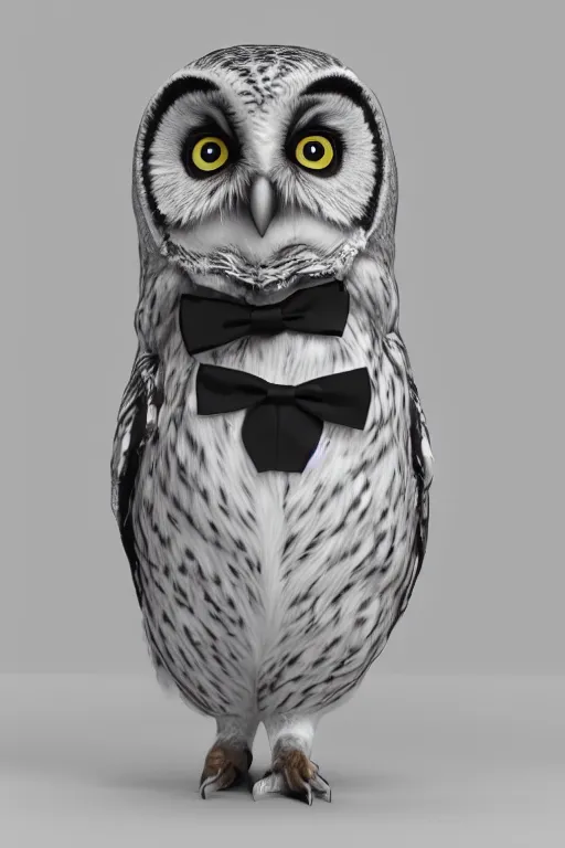 Prompt: portrait of an owl in a tuxedo, 3d shading, cel-shaded, CGSociety, volumetric lighting, octane render, hyperrealism