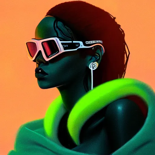 Image similar to Rihanna wearing opaque reflective goggles profile picture by Greg Rutkowski, brown skin, very long hair, dune, asymmetrical, futuristic, neon volumetric lights, cool colors, streetwear, studio ghibli, Organic Painting , Matte Painting, geometric shapes, hard edges, street art, trending on the artstation, fantasy LUT, realistic by Sachin Teng + Martin Grip + Moebius + Patrick Gleason, smooth, sharp focus, illustration, art by John Collier and Albert Aublet and Krenz Cushart and Artem Demura and Alphonse Mucha, techwear, Industrial Scifi, detailed illustration, character portrait,