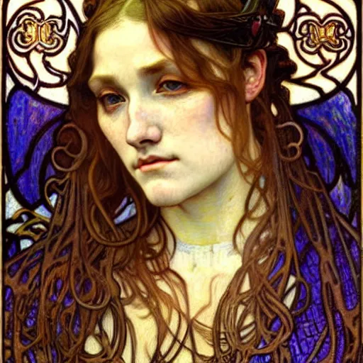 Image similar to detailed realistic beautiful young medieval queen face portrait by jean delville, alphonse mucha, vincent van gogh, and marco mazzoni, art nouveau, symbolist, visionary, gothic, pre - raphaelite