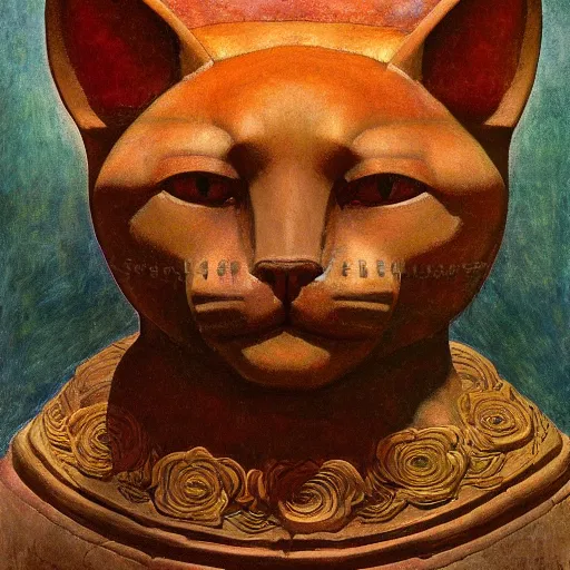 Image similar to sacred ancient polychrome cat head sculpture, by annie swynnerton and diego rivera and nicholas roerich and jean delville, symbolist, dramatic lighting, god rays, elaborate geometric ornament, art brut, rich colors, smooth sharp focus, extremely detailed, adolf wolfli