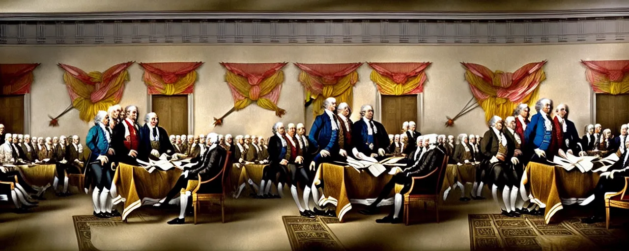 Prompt: the signing of the us declaration of independence, using spaghetti, small details, intricate, canon 8 0 mm, cinematic lighting, wes anderson film, kodachrome