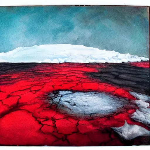 Image similar to horrific painting of an ice floe meeting magma!!!!!! in the middle, in the style of vintage photography, textured, skewed perspective, last photo ever taken, apocalyptic event, red color palette on left side and blue color palette on right side