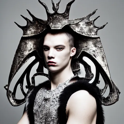 Image similar to a portrait of a beautiful young male wearing an alexander mcqueen armor made of neopren, photographed by andrew thomas huang, artistic