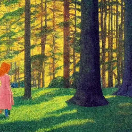 Image similar to a young girl lost in a blue golden forest, film still by edward hopper, by Bosch, by klimt, art noveau, highly detailed, strong lights, liminal, eerie, Bright pastel colors