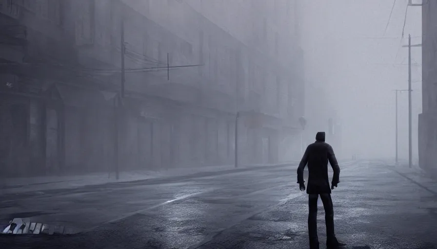 Image similar to a man standing, silent hill streets, fog, empty streets, hyperdetailed, artstation, cgsociety, 8 k