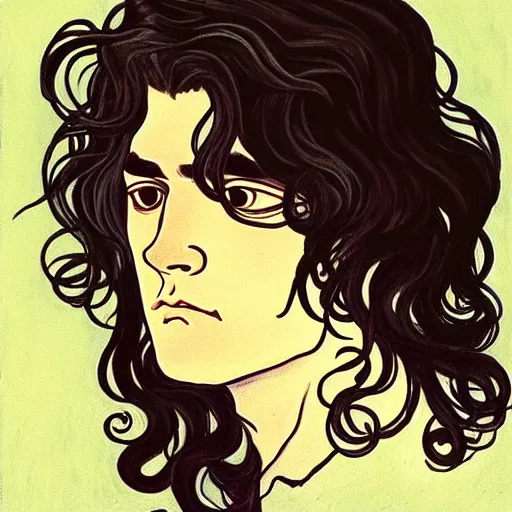 Image similar to painting of young cute handsome beautiful dark medium wavy hair man in his 2 0 s named shadow taehyung at the halloween pumpkin matcha party, straight nose, depressed, melancholy, autumn, elegant, clear, painting, stylized, delicate, soft facial features, delicate facial features, soft art, art by alphonse mucha, vincent van gogh, egon schiele