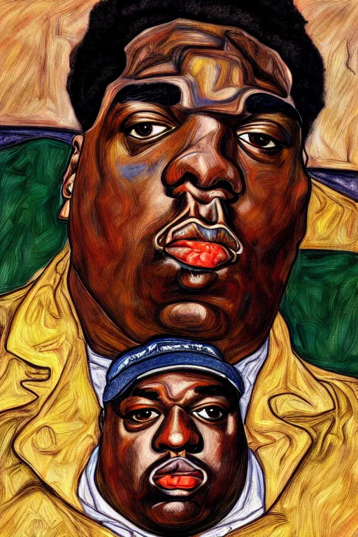 Image similar to a portrait of biggie small in style of egon schiele, masterpiece, hyperdetailed, complex, intricate, 4 k, trending on artstation