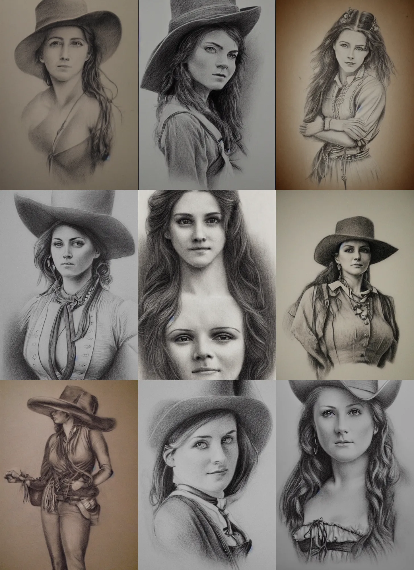 Prompt: 1 8 0 0 s style full body detailed pencil drawing of a cowgirl beautiful face, realistic