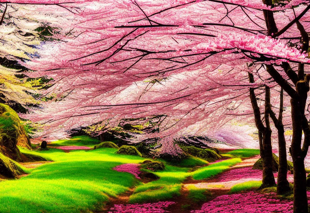 Prompt: a real photographic landscape painting with incomparable reality, wide angle, in forest, flowers, cherry blossom tree in full bloom, bright style, mount fuji, clearing, magnificent, artstation