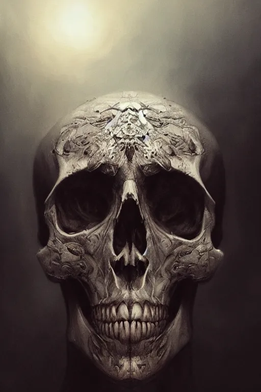 Image similar to skull, close - up portrait, powerful, intricate, elegant, volumetric lighting, scenery, digital painting, highly detailed, artstation, sharp focus, illustration, concept art, ruan jia, steve mccurry