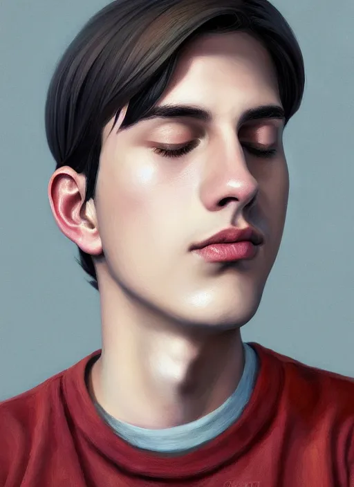 Image similar to portrait of teenage jughead jones wearing a light grey crown, crown, hamburger background, eyes closed, crown, black hair, intricate, elegant, glowing lights, warm lighting, highly detailed, digital painting, artstation, concept art, smooth, sharp focus, illustration, art by wlop, mars ravelo and greg rutkowski