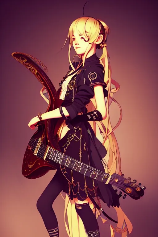 Image similar to full body beautiful young steampunk anime warrior girl playing a strange guitar , pretty face, realistic shaded Perfect face, fine details. steampunk, cyberpunk, highly detailed, artstation, illustration by Ilya Kuvshinov and alphonse mucha , Charlie Bowater, dynamic light, morning