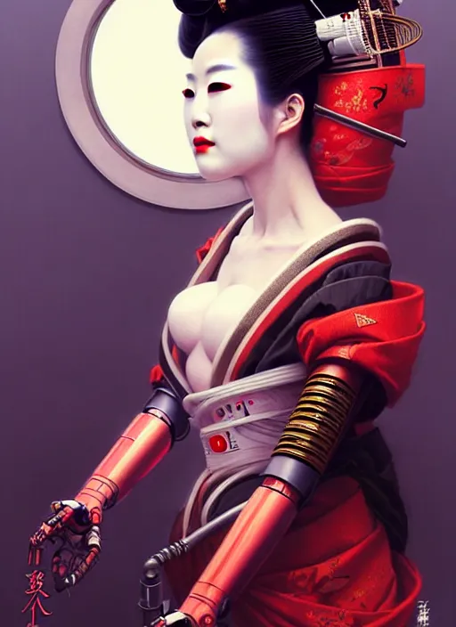 Image similar to sensual japanese geisha wearing vr eyepiece, robotic, android, cyborg, cyberpunk face, steampunk, fantasy, intricate, elegant, highly detailed, colorful, vivid color, digital photography, cinematic lighting, artstation, concept art, art by artgerm and greg rutkowski and ruan jia,