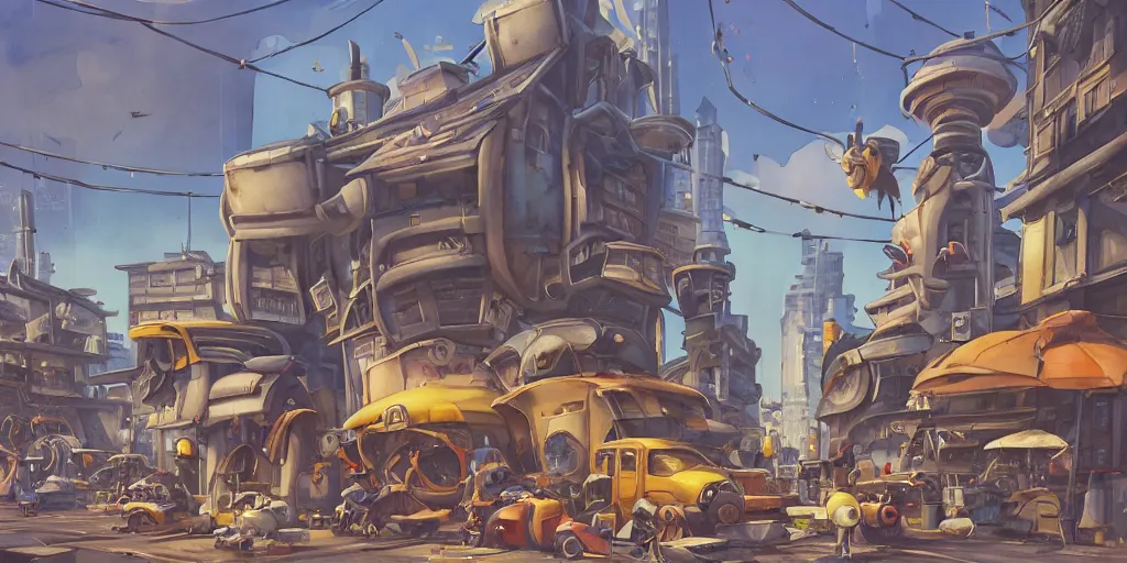 Image similar to overwatch building, stylized, exterior, architecture, in watercolor gouache detailed paintings, insanely detail, artstation, 8 k, futuristic, big medium small, arcane, simon stalenhag, food stall, interesting shapes & form, golden ratio, megastructures, vitaly bulgarov, slums, junkyard, oriental, asian, japanese alleyway