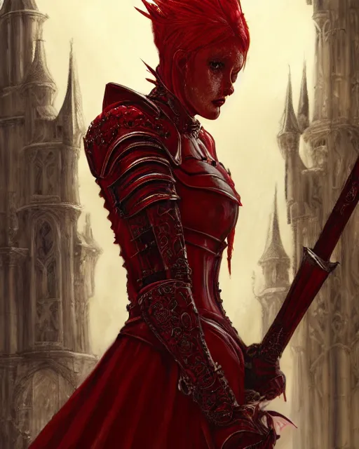 Prompt: redhead queen knight in red armor, inside an epic gothic castle, baroque, large crown, face with scars, intimidating, ominous, high fantasy, intricate detail, digital painting, artstation, concept art, smooth, sharp focus, illustration, art by yoshitaka amano and monia merlo and wlop