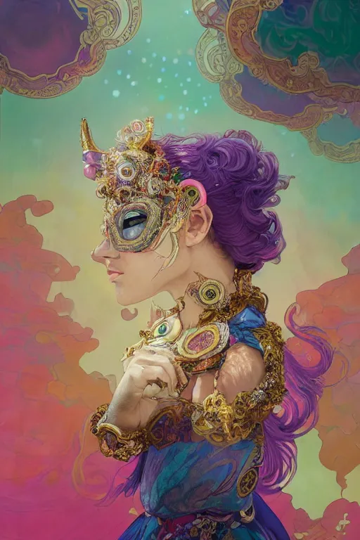 Prompt: woman in Venetian mask, profile, center of the universe, psychedelic, character concept, floating hair, gauzy dress, full body shot, many colors, colorful, all colors, highly saturated colors,, fantasy character, detailed illustration, hd, 4k, digital art, overdetailed art, concept art, Dan Mumford, Peter Mohrbacher, Alfons Mucha, Greg Rutkowski, trending on artstation