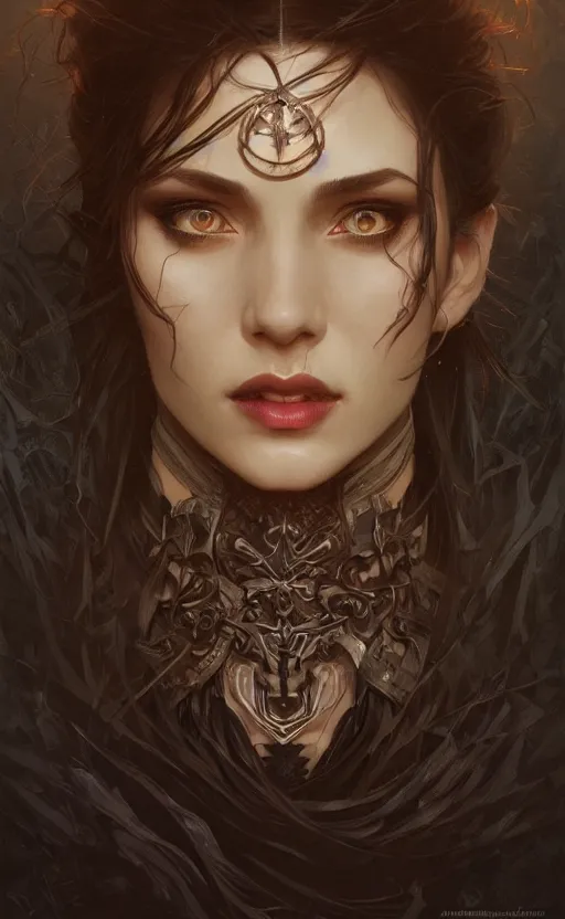 Image similar to portrait of a dark witch, confident, menacing, mysterious, intricate, headshot, highly detailed, digital painting, artstation, concept art, sharp focus, cinematic lighting, illustration, art by artgerm and greg rutkowski, alphonse mucha, cgsociety