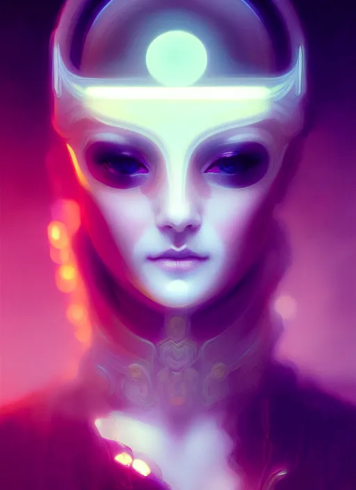 Prompt: centered portrait of a beautiful woman wearing a venetian mask, intricate concept art, ethereal, highly detailed, artstation, smooth, cyberpunk darksynth, cinematic, mist, dramatic lighting, illuminated glowing lines, outrun, neon, vaporware, by ruan jia and ilya kuvshinov and liam wong and alphonse mucha