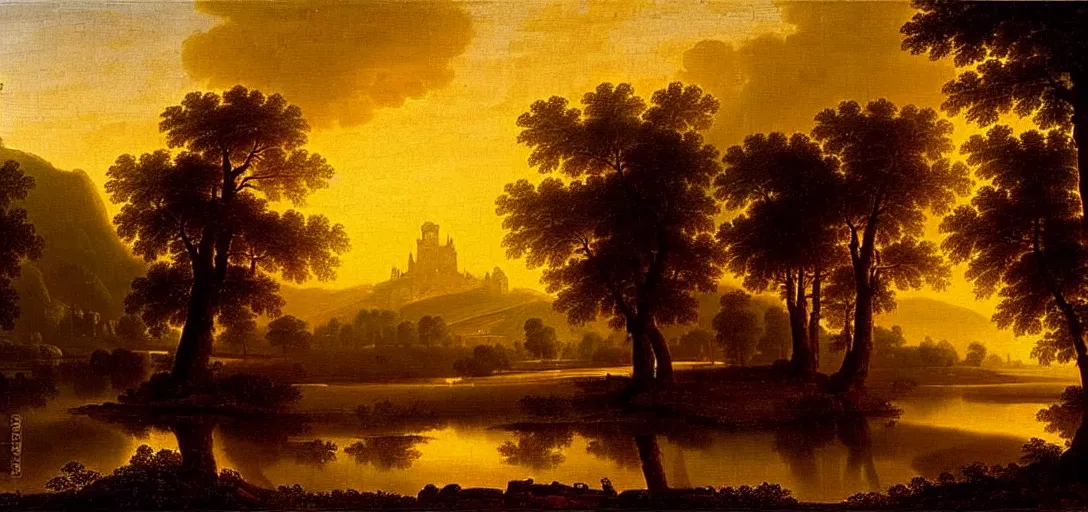 Image similar to a forest with diamond trees at sunset there is golden castle off in the distance, highly detailed landscape painting by claude lorrain, golden hour, misty ominous atmosphere