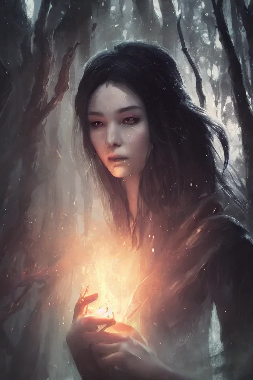 Image similar to a fancy close up illustrated portrait of a beautiful dark mage using magic in the forest by Greg Rutkowski, Sung Choi, Mitchell Mohrhauser, Maciej Kuciara, Johnson Ting, Maxim Verehin, Peter Konig, final fantasy , mythical, 8k photorealistic, cinematic lighting, HD, high details, atmospheric,