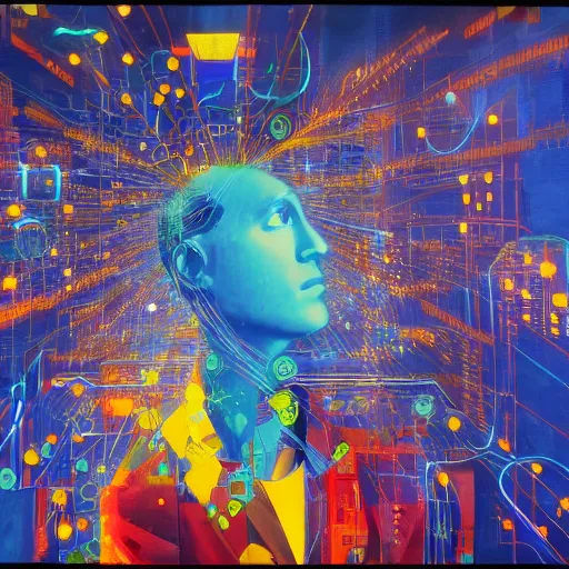 Image similar to a joyful golden blue hacker surrounded by birds, neon virtual networks, and information visualization, oil on canvas inspired by dave mckean and yoji shinkawa