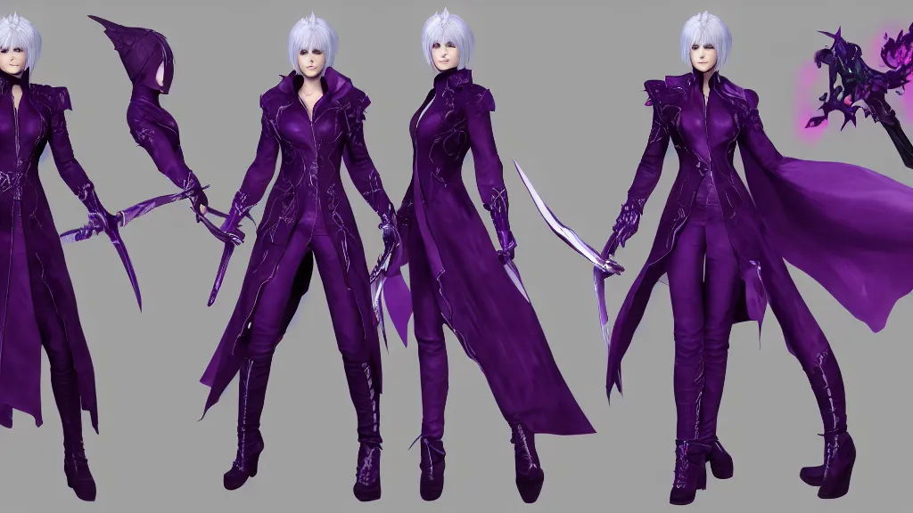 Prompt: devil may cry Vergil's daughter character design sheet, female, purple and black outfit, ghost sword, intricate, trending on artstation