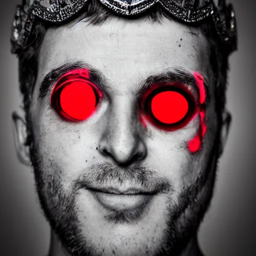 Image similar to man with a crown, smirk, photograph, black backgrounds, glowing red eyes, dark, horror