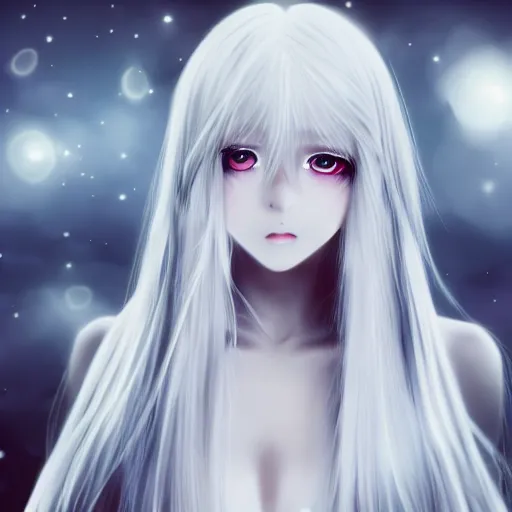 Image similar to anime, young girl with long wavy light silver hair with blackness int the eyes, hd,