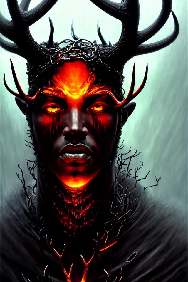 Image similar to a striking portrait of an eldritch black god king with black antlers and a burning horned crown on his head by moebius and ross tran and beksinski, trending on artstation, digital art, 4 k resolution, detailed, high quality, sharp focus, hq artwork, insane detail, volumetric lighting, character concept art, fine details, clear face